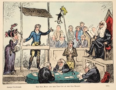 De Oude Vrijster en haar Tomkat bij de Oude Bailey door George Cruikshank